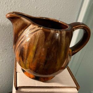 VINTAGE ART POTTERY CREAMER-Brown/Orange/Green Stripes-Unique Style-3.75" H-EUC